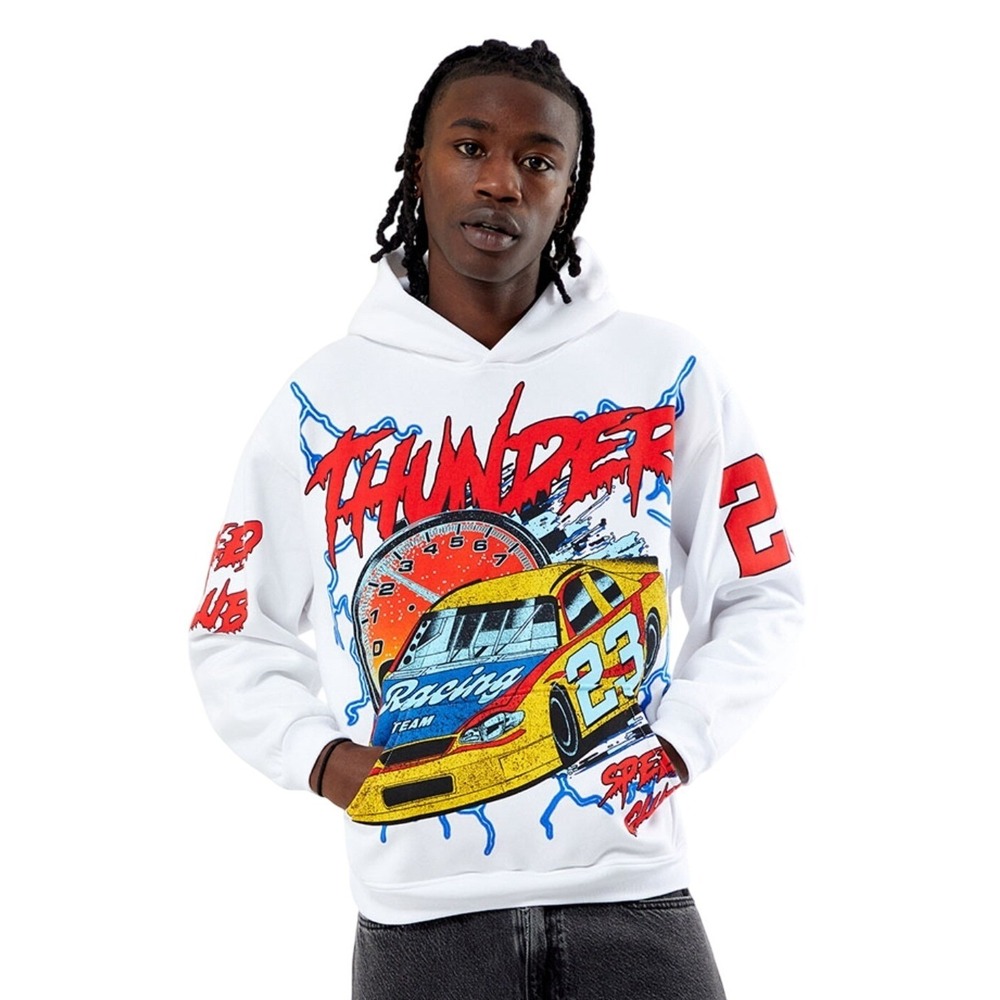PacSun‎ M Racing Thunder 23 Speed Club Hoodie Sweatshirt White Graphic Menswear